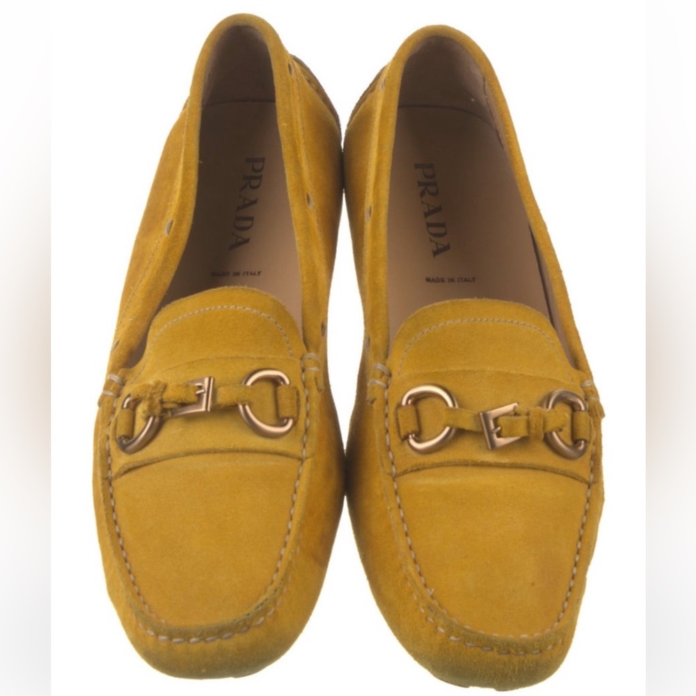 Prada Buckle Suede Loafers Driving Shoes Size US 8.5 IT 38.5 Yellow